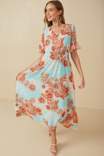 HY8030W Blue Plus Floral V Neck Smocked Waist Chiffon Dress Full Body